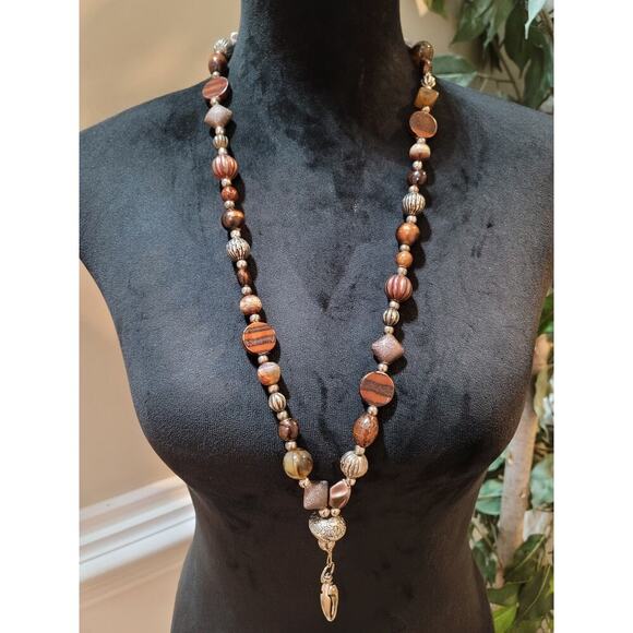 Women's Brown Gold and Glass Bead Necklace with for Easy Wear - Picture 2 of 7
